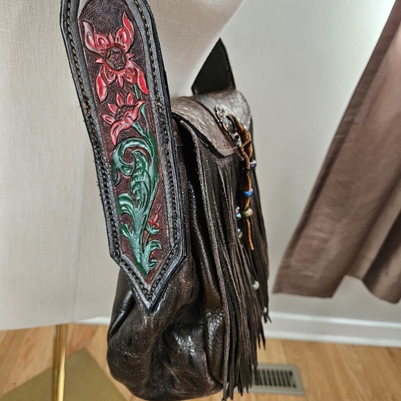 Vintage 70s Tooled Leather Braided Shoulder Strap Fringe Saddle Bag Purse - Picture 3 of 8